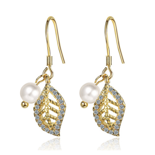 Gold Leaves Zircon Pearl Earrings New Fashion Ear Stud Female Temperament Simple Xzr532