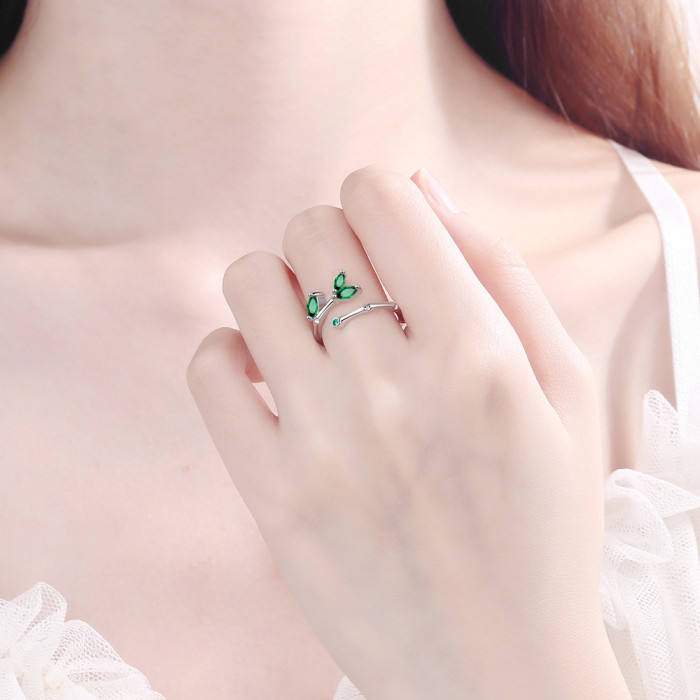 Ring Women's Korean-Style Fashion Design Sense Bamboo Leaf Diamond Set Open Hand Jewelry Xzr329