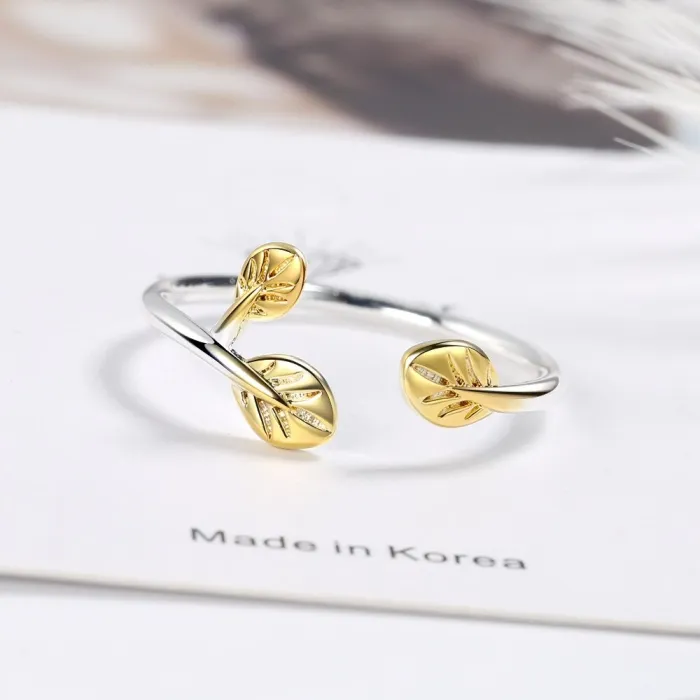 Ring Female Japanese And South Korean Style Simple Branch Golden Leaf Open Ring Artistic Single Ring Female Eh324