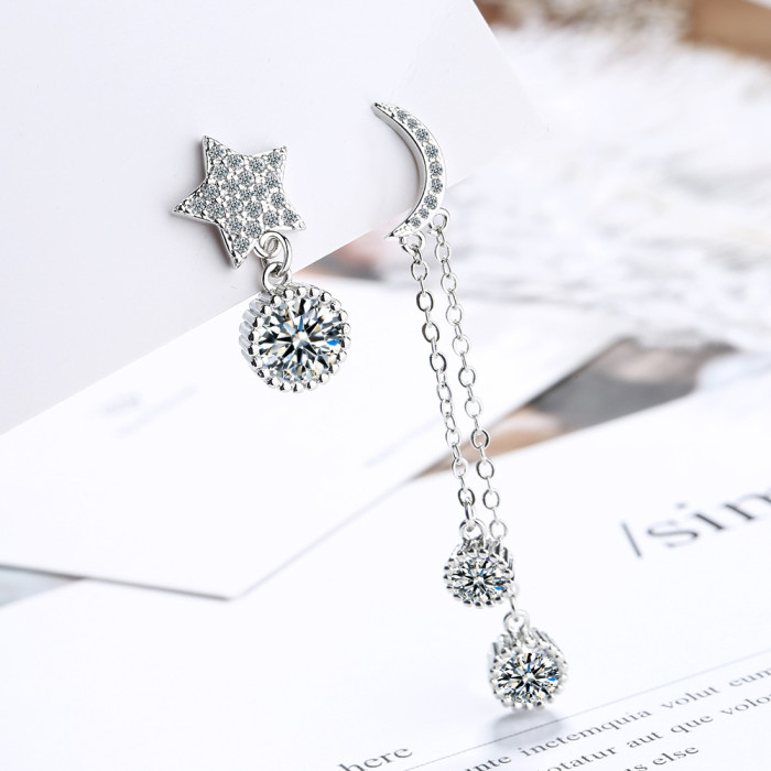 Korean-Style Five-Pointed Star Ear Stud Asymmetric Diamond Set Moon and Stars Zircon Earrings Tassel Earrings ED883