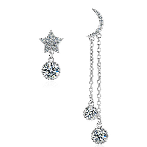Korean-Style Five-Pointed Star Ear Stud Asymmetric Diamond Set Moon and Stars Zircon Earrings Tassel Earrings ED883