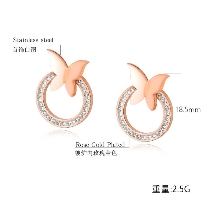 Simple Korean-Style Butterfly Earrings Women's Ear Stud Elegant Inlaid Zircon Circle Ear Pendant Cool All-match Ear Stud Gb469