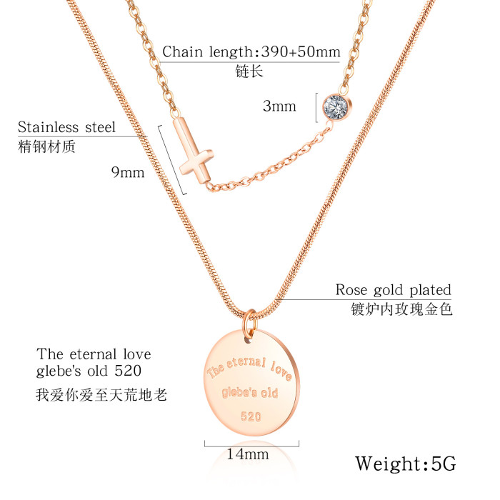 Ornament Wholesale Double-Layer Stainless Steel Diamond Set round Pendant Exquisite Cross Necklace Letter 1620