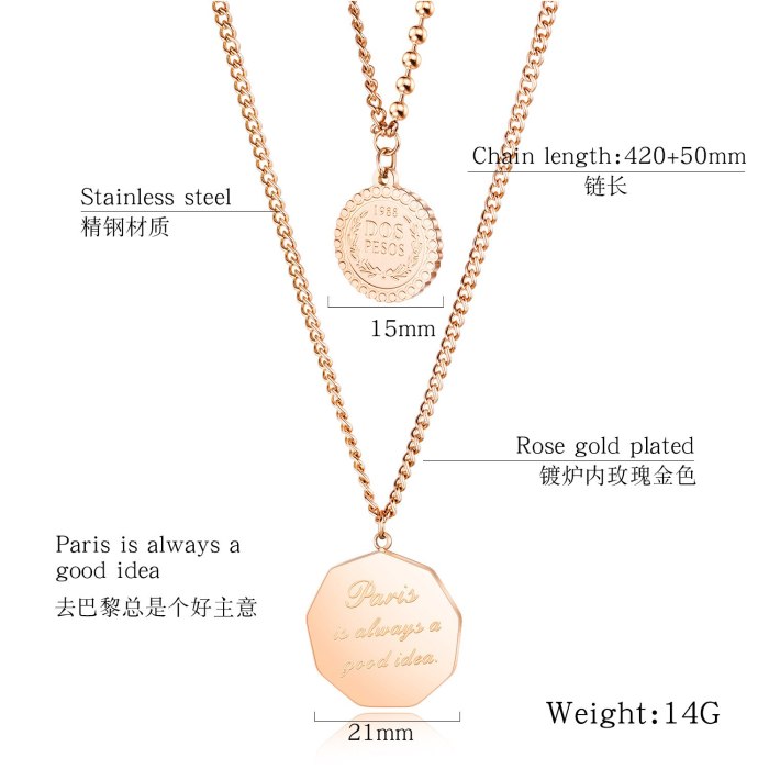 Japanese Korean Women's Cool Double-Layer Stainless Steel round Brand Cool Pendant Temperament Geometric Necklace Gb1621
