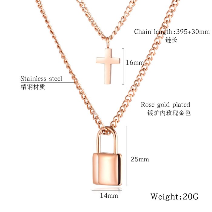 INS  Necklace Hip-hop Multi-Layer Stainless Steel Cross Love Lock Necklace Gb1638