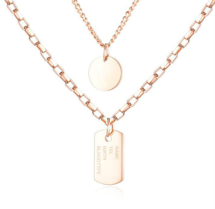 Japan and South Korea New Cool Hip-hop Multi-Layer Women's Simple round Card Square Pendant Stainless Steel Necklace Gb1637