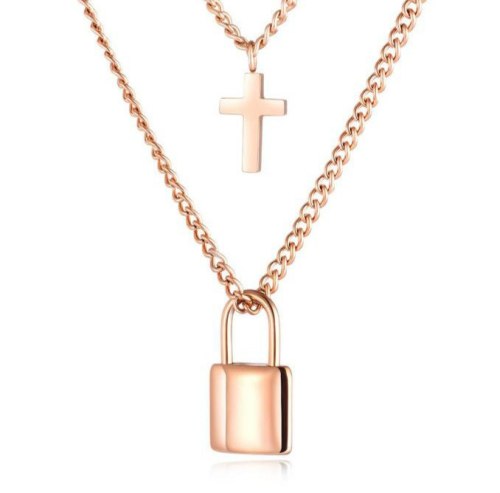 INS  Necklace Hip-hop Multi-Layer Stainless Steel Cross Love Lock Necklace Gb1638