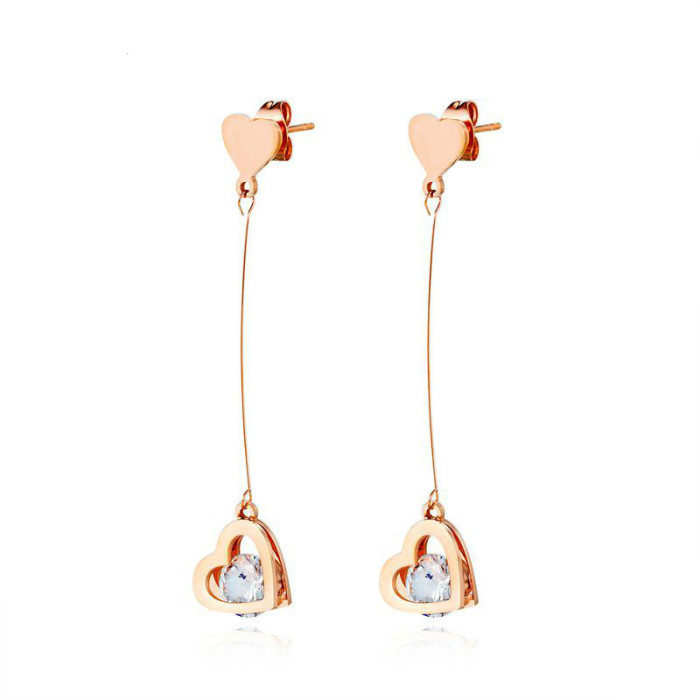 South Korea Lovely Zircon Dangle Earrings Simple Fashion Stainless Steel Rose Gold Women Earrings Gb582