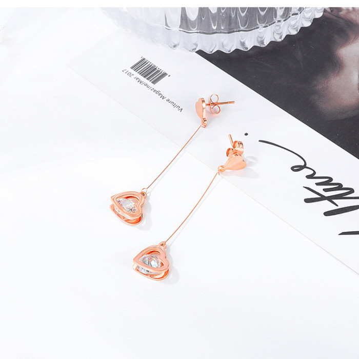 South Korea Lovely Zircon Dangle Earrings Simple Fashion Stainless Steel Rose Gold Women Earrings Gb582