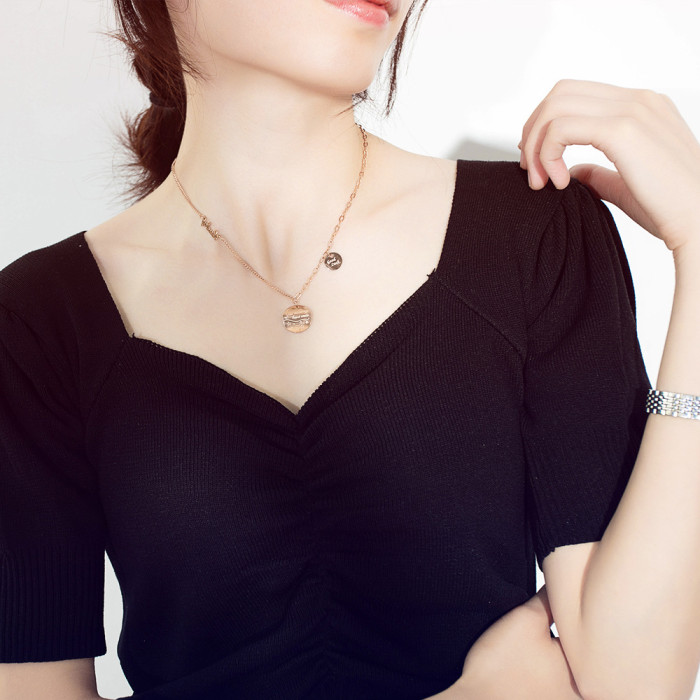 Korean-Style Small Golden Bean Pendant Simple Clavicle Chain Titanium Steel Fashion Women round Luck Necklace Gb1635