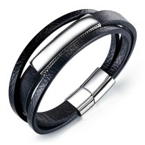 Factory Wholesale Stainless Steel Hand Jewelry Multi-Layer Fashion Leather Bracelet Black Simple Men's Leather Bracelet Gb1369