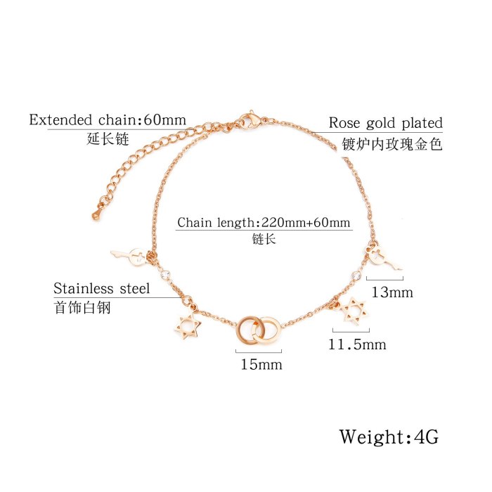 New Summer KoreanFashion Simple Women Rose Gold Plated Jewelry Double Ring Six-Pointed Star Titanium Steel Anklet Gb091