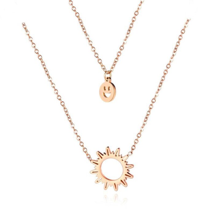 Simple Stainless Steel Double-Layer Smiling Face Sun Light Necklace Women's Fashion Smiling Clavicle Chain Necklace Gb1654