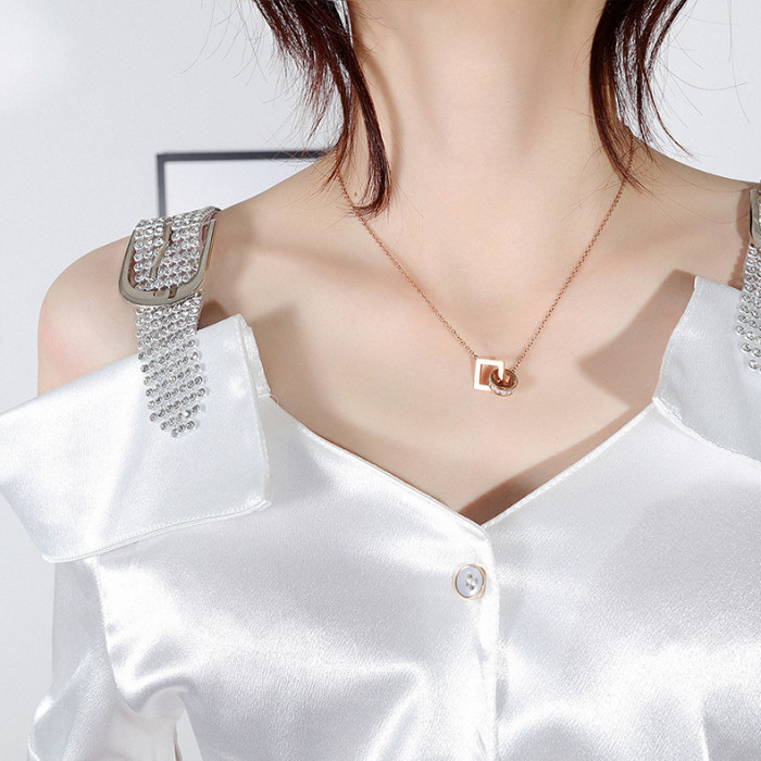 Korean Style Zircon Pendant Classic Square Roman Numeral Clavicle Chain Women's Stainless Steel Necklace Gifts Gb1644