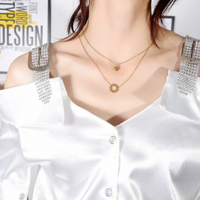 Simple Stainless Steel Double-Layer Smiling Face Sun Light Necklace Women's Fashion Smiling Clavicle Chain Necklace Gb1654