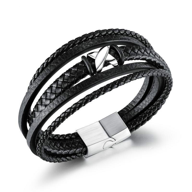 European and American Men's Multi-Layer Woven Leather Bracelet Stainless Steel X-Type Leather Bracelet Bangle Wholesale Gb1391