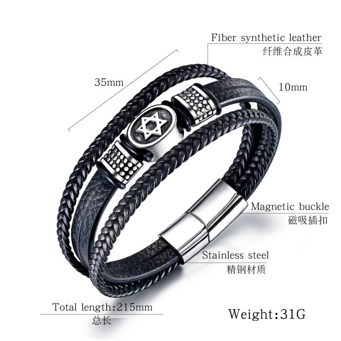 Fashion Jewelry All-match Multi-Layer Woven Leather Bracelet Six-Pointed Star Titanium Steel Men Leather Bracelet Gb1366