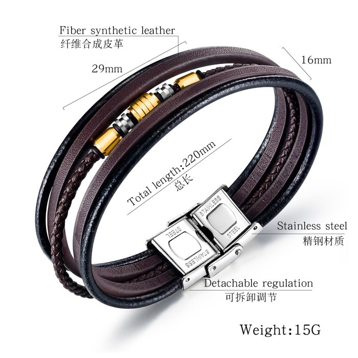 European and American Fashion New Hand-Woven Multi-Layer Leather Bracelet Titanium Steel Men's Leather Bracelet Bangle Gb1374
