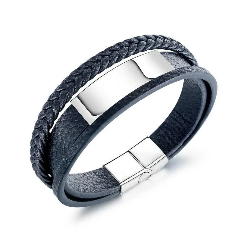 European and American Men Ornament Jewelry Titanium Steel Men's Cool Multi-Layer Leather Bracelet Bangle Gb1392