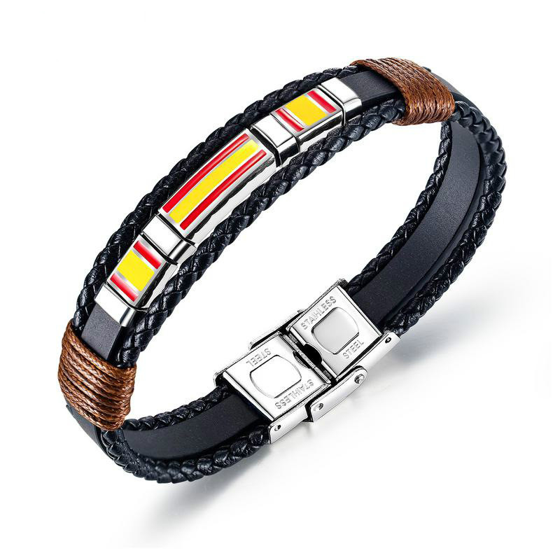 European and American Vintage Men's Multi-Layer Woven Leather Bracelet Titanium Steel Flag of Spain Bracelet Bangle Gb1375