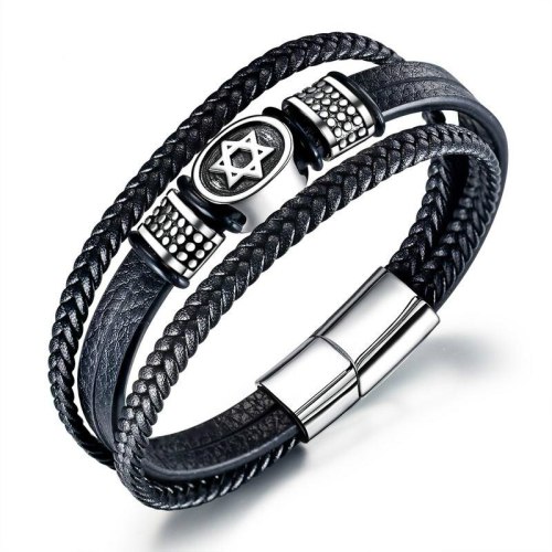 Fashion Jewelry All-match Multi-Layer Woven Leather Bracelet Six-Pointed Star Titanium Steel Men Leather Bracelet Gb1366