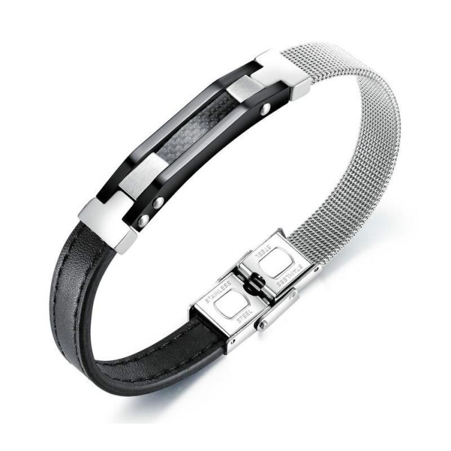 Wholesale Irregular Stainless Steel Mesh Belt Leather Bracelet Bangle Men's Titanium Steel Carbon Fiber Leather Bracelet Gb1380