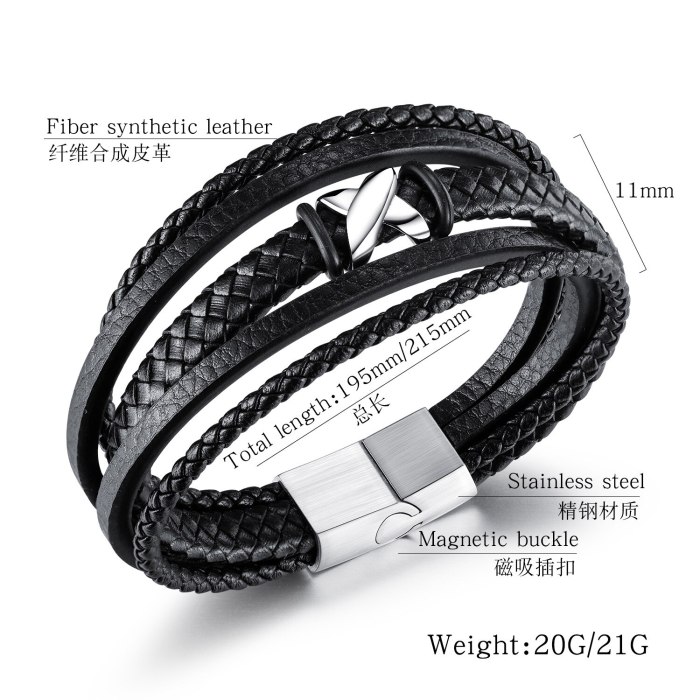 European and American Men's Multi-Layer Woven Leather Bracelet Stainless Steel X-Type Leather Bracelet Bangle Wholesale Gb1391