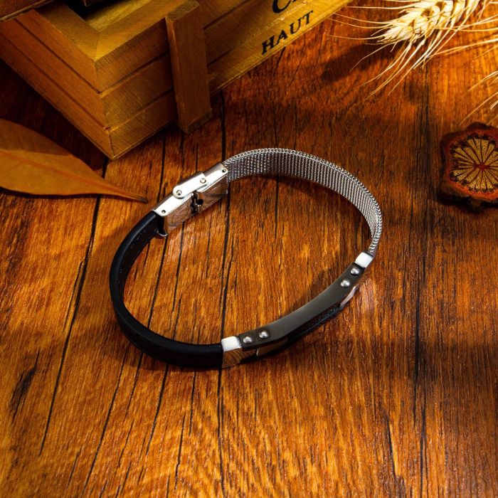 Wholesale Irregular Stainless Steel Mesh Belt Leather Bracelet Bangle Men's Titanium Steel Carbon Fiber Leather Bracelet Gb1380