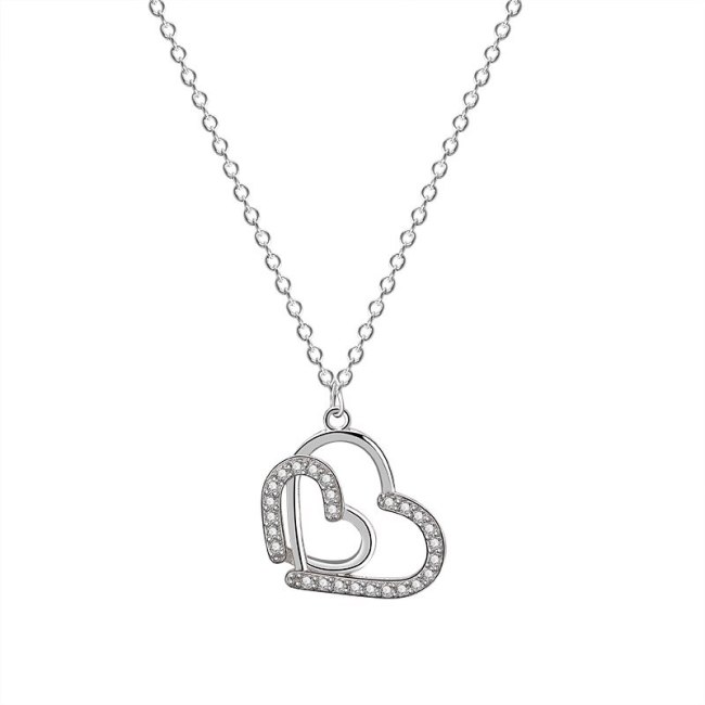 925 Sterling Silver Lovely Necklace Female  Ins Korean-Style Heart-to-Heart Zircon Diamond Necklace Mla1871