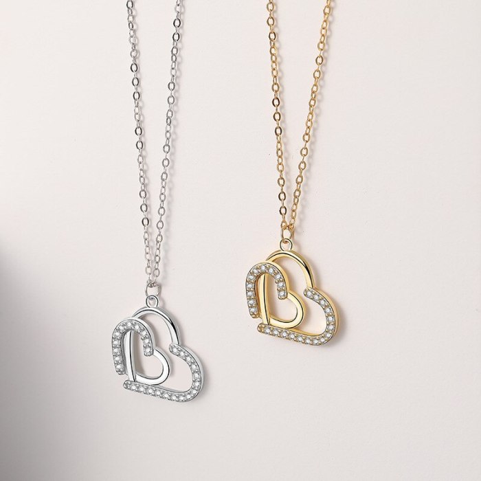 925 Sterling Silver Lovely Necklace Female  Ins Korean-Style Heart-to-Heart Zircon Diamond Necklace Mla1871