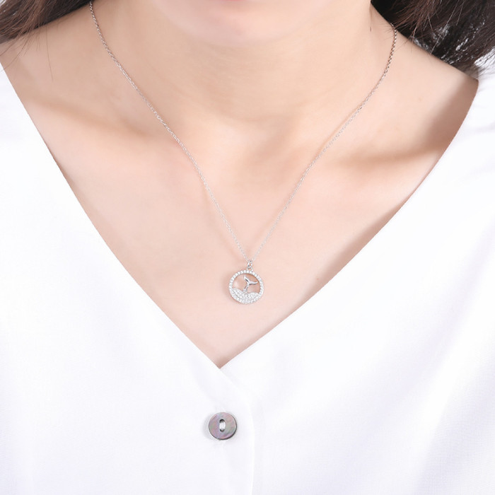 925 Sterling Silver Ornament Female Korean Geometric Circular Necklace Micro Pave Zircon Fishtail Women Necklace MlA720A
