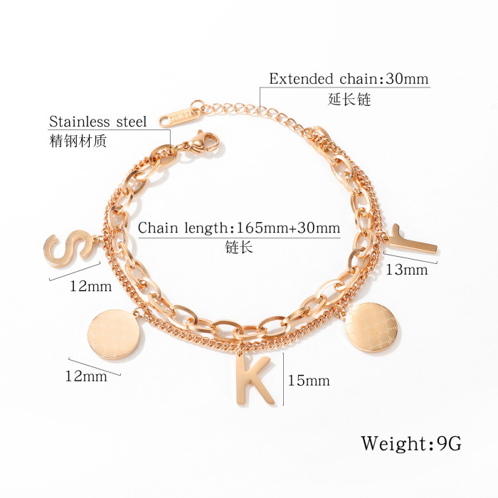 Hot Selling Double-Layer round Plate Bracelet Korean-Style All-match Women's Titanium Steel Elegant Lettered Hand Jewelry Gb1081