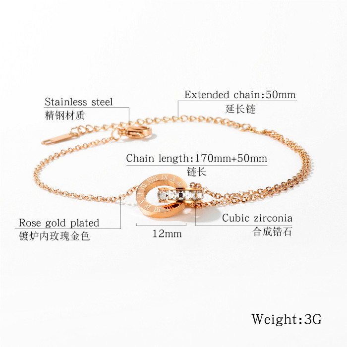 Korean Fashion Titanium Steel Double Ring Roman Numeral Bracelet Female Simple Rose Gold Bracelet Ornament Gb1070