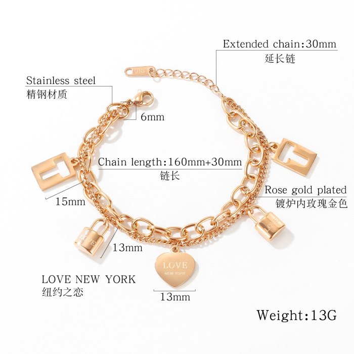 Korean Ins Female Student Hand Jewelry Titanium Steel Double Layer Design Heart Lock Lovely Bracelet Girlfriends Ornament Gb1078
