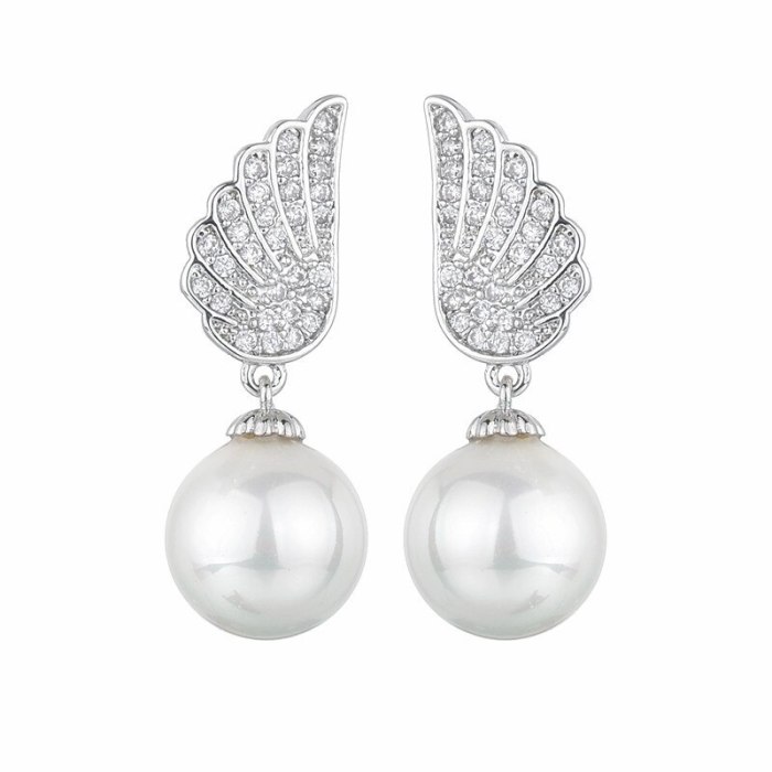 925 Sterling Silver Needle Pearl Earrings AAA Zircon Korean Fashion Angel's Wings Ear Stud Earrings Manufacturers Qx1138