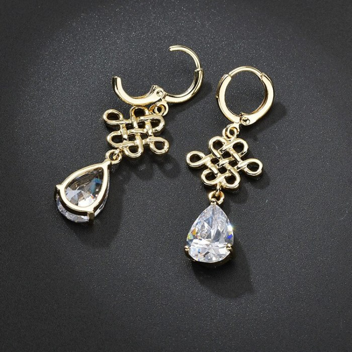 Chinese Knitting Pattern Zircon Earrings 14K Gold Plated Colorful Drop Zircon Female Earrings Qx439550