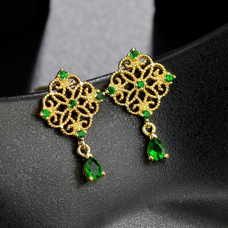 Vintage Emerald Lace S925 Sterling Silver Pin Gold-Plated Earrings Manufacturer Female Elegant Ear Stud Qx1343
