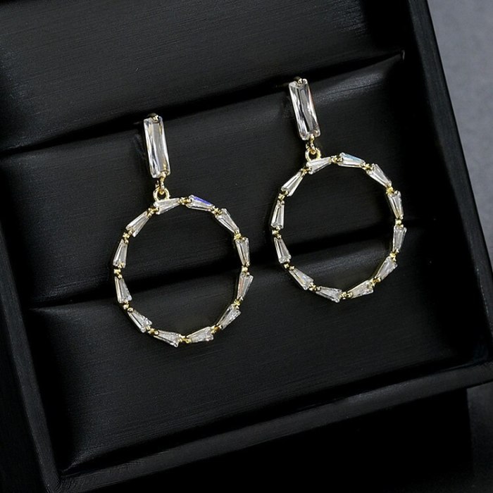 Korean-Style Geometric Ring Ear Pendant Copper Inlaid AAA Zircon 925 Sterling Silver Ear Pin Gold Earrings Qx1256