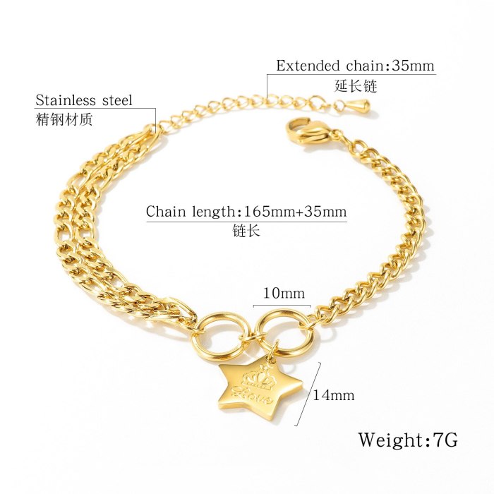Fashion Cool Star Crown Double Ring Buckle Women Titanium Steel Bracelet Fashion Jewelry Women Girl Gift Gb1074
