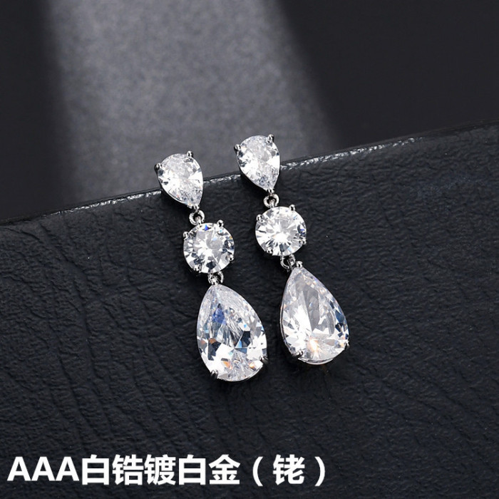 Water Drop Zircon Earrings Simple Girls Elegant Fashion Copper Inlaid Platinum Qx1177