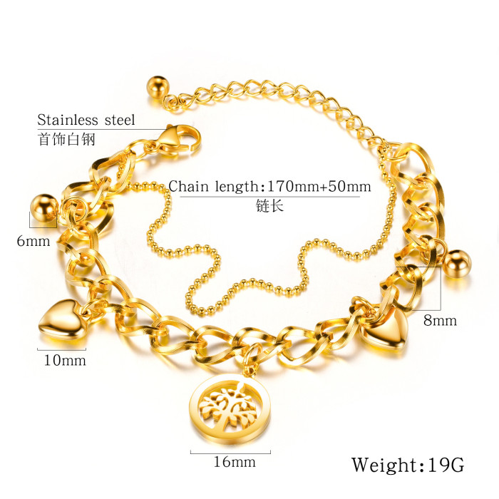 Popular Fashion Multi-Layer Heart Bracelet Hand Jewelry Stainless Steel Hollow Tree of Life Titanium Steel Women Bracelet Gb1037
