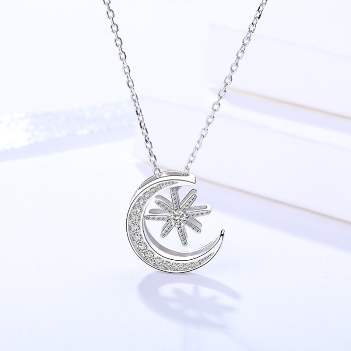 S925 Sterling Silver Ornament Korean Elegant Necklace Female Micro Pave Zircon Moon Necklace Mla1501
