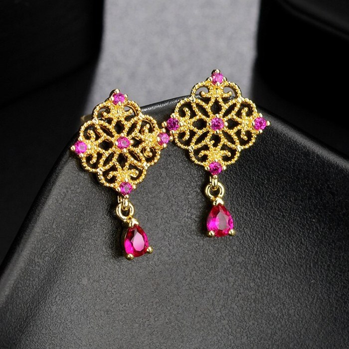 Vintage Emerald Lace S925 Sterling Silver Pin Gold-Plated Earrings Manufacturer Female Elegant Ear Stud Qx1343