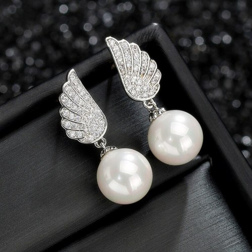 925 Sterling Silver Needle Pearl Earrings AAA Zircon Korean Fashion Angel's Wings Ear Stud Earrings Manufacturers Qx1138