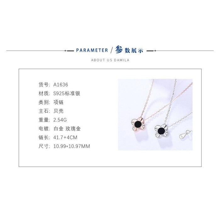 925 Sterling Silver Ornament Female Korean Lucky Clover of Four Leaves Necklace Black Shell Custom MlA1636