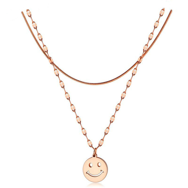 Cute Smiley Face Emoji Pendant Fashion Simple Titanium Steel Rose Gold Double Layer Clavicle Chain Women Necklace Gb1580