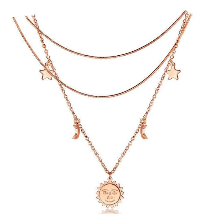 Fashion Round Plate Multi-layer Necklace Moon and the Stars 2-in-1 Rose Gold Plated Clavicle Chain Women Necklace Gb1581