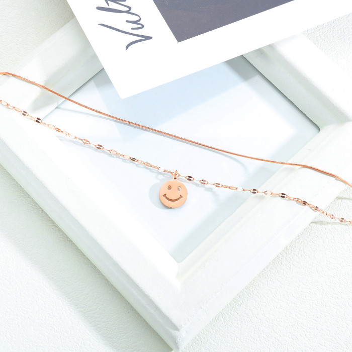 Cute Smiley Face Emoji Pendant Fashion Simple Titanium Steel Rose Gold Double Layer Clavicle Chain Women Necklace Gb1580