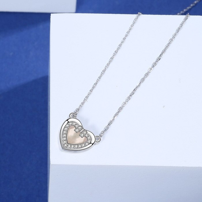 S925 Sterling Silver Lovely Necklace Women's Fashion Retro Korean Diamond Set Zircon Heart-Shaped White Clavicle Chain Mla1905