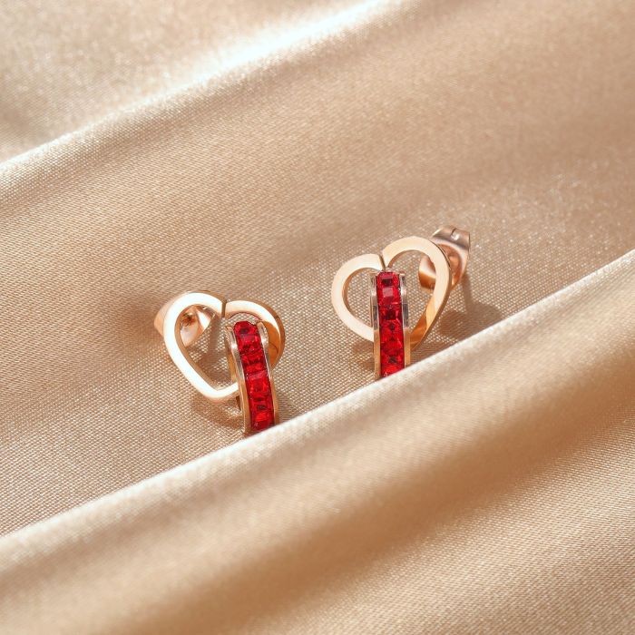Ornament Wholesale Classic Personality Love Double Ring Ear Stud Red Zircon Fashion Women's Titanium Steel Earrings Gb591